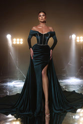 Modern Dark Green A-line Off-the-shoulder Long Sleeves Velvet Prom Dress With Slit